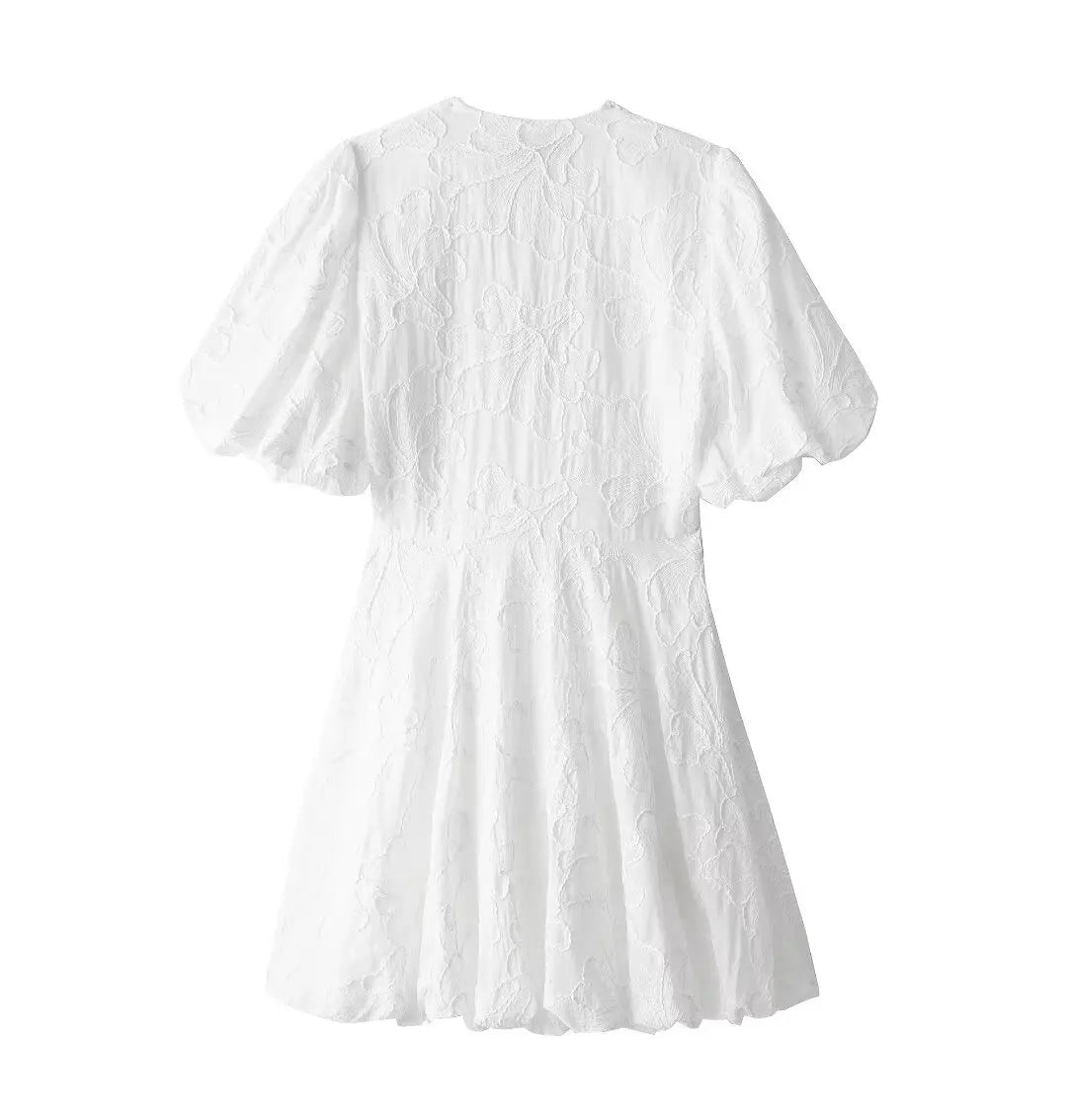 Short White Embroidered Pleated Dress