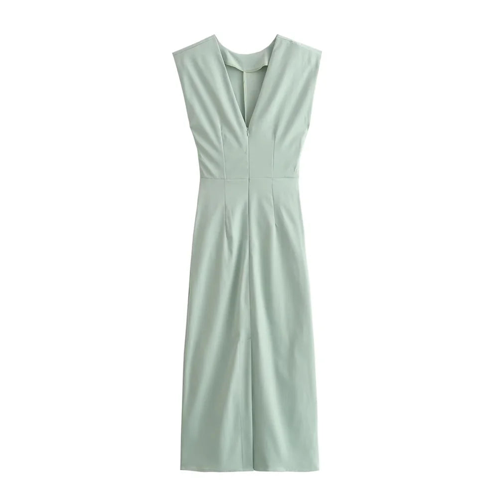 Pleated Green Midi Tailored Dres